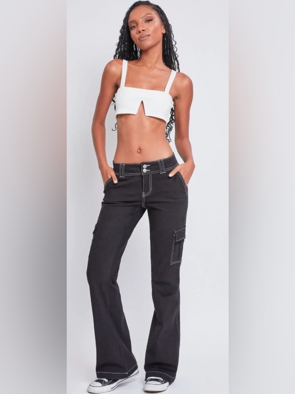 YMI Low Rise Black Flare Cargo Pant with Contrast Stitching